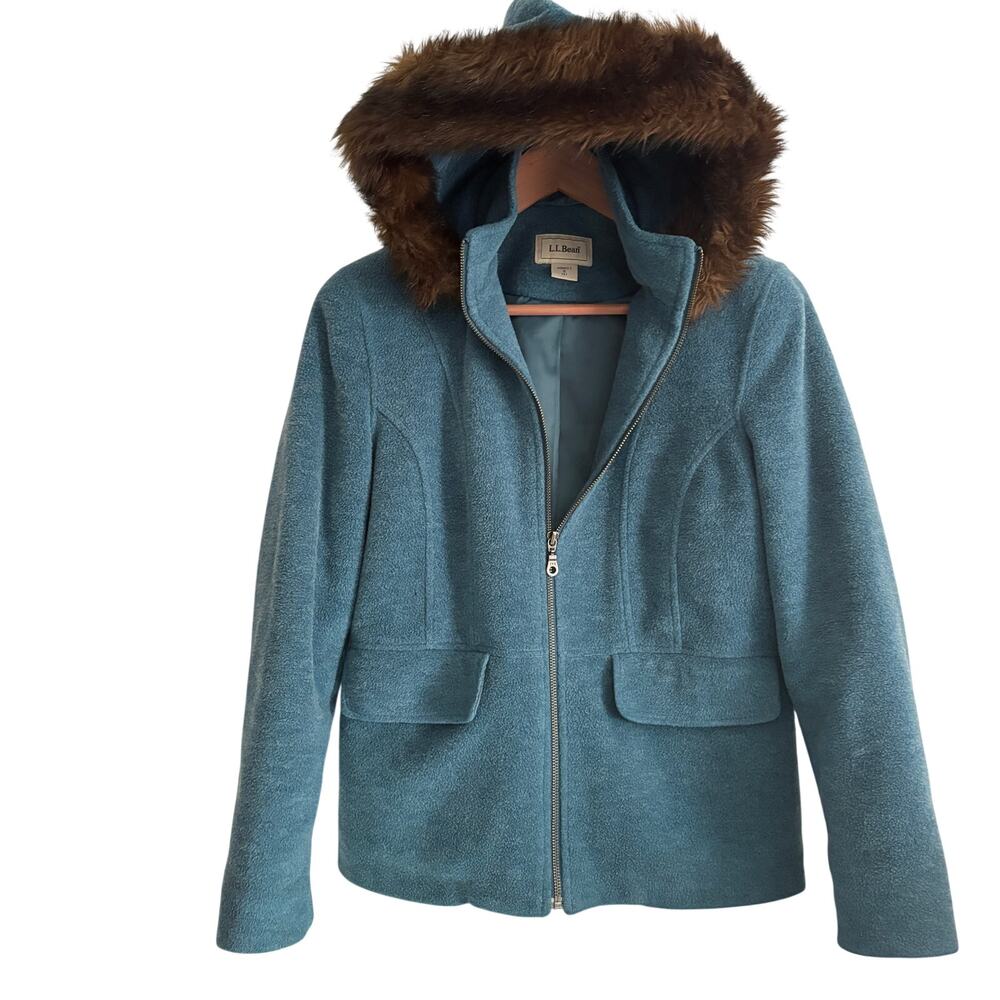 LL Bean Wool Hooded Coat S SP PS Blue Jacket Faux Fur Prep Old Money L.L. Bean